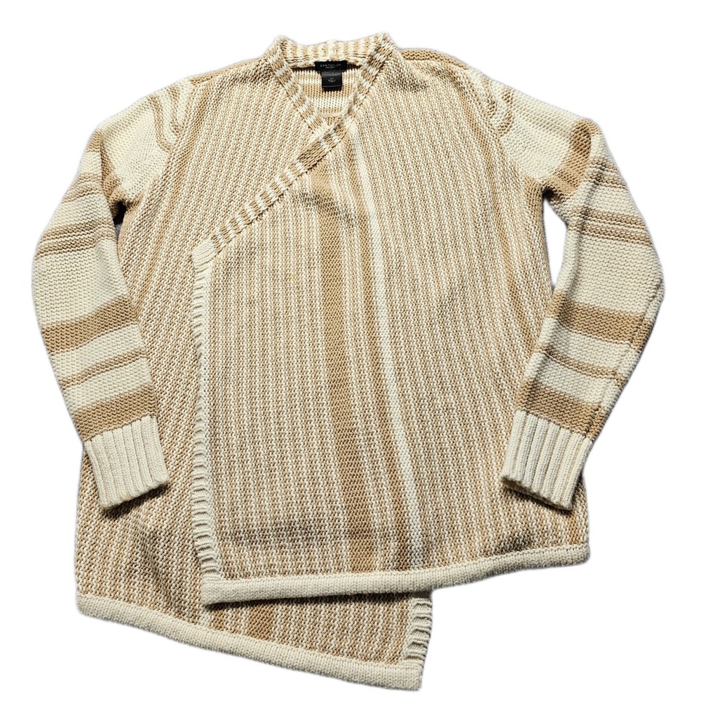 Ann Taylor Wrap Cardigan Sweater‎ Womens XS Tan White Striped Knit Open Front